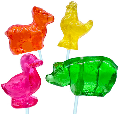 Assorted Colors and Flavors Farm Animal Lollipops. 