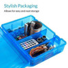 Blue storage box containing 37 Raspberry Pi sensor modules, jumper wires, remote, and accessories for neat organization. Blue storage box containing 37 Raspberry Pi sensor modules, jumper wires, remote, and accessories for neat organization.
