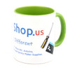 Official PiShop US Mug with green handle and interior, featuring PiShop logo and maker-themed graphics
