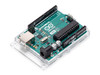 Isometric view of the Arduino Uno Rev3 board mounted on a transparent acrylic base, showcasing the ATmega328P microcontroller, USB-B port, power jack, and I/O pin headers. Isometric view of the Arduino Uno Rev3 board mounted on a transparent acrylic base, showcasing the ATmega328P microcontroller, USB-B port, power jack, and I/O pin headers.