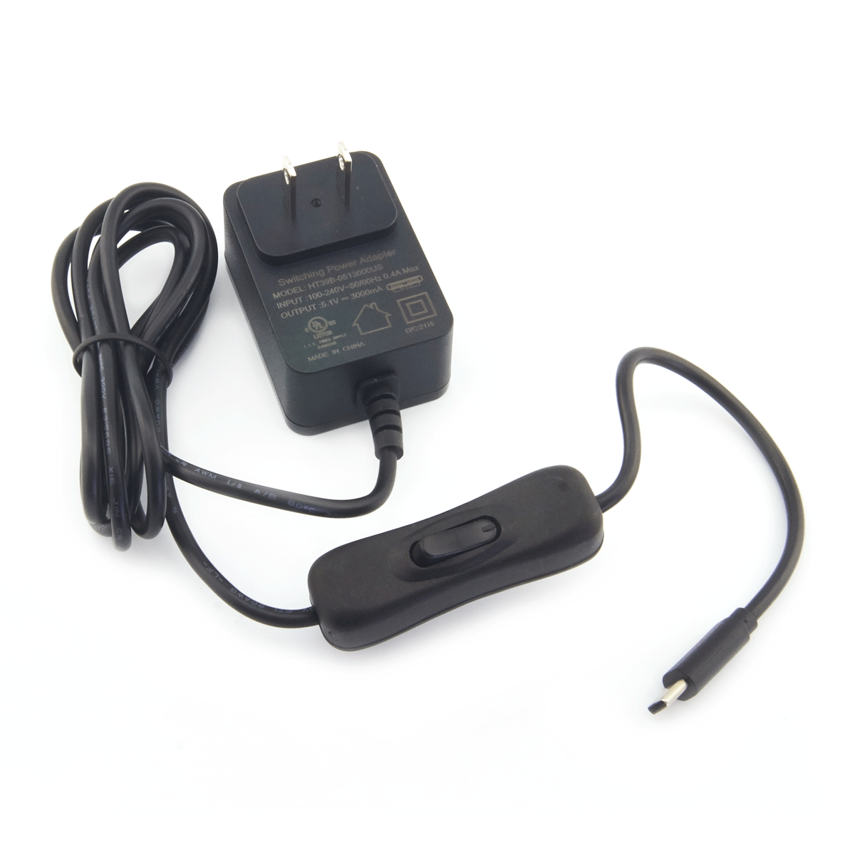 USB-C Power Supply, 5.1V 3.0A, UL Listed, On/Off Switch - PiShop.us