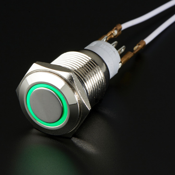 Rugged Metal On/Off Switch with Green LED Ring - 16mm Green On/Off