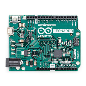 Front view of Arduino Leonardo board with headers, featuring ATmega32U4 microcontroller, micro USB port, and ICSP header.