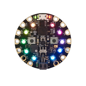Circuit Playground Express round board with 10 NeoPixels and onboard sensors.