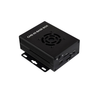 Angled view of Waveshare CM5-IO-BASE-A BOX case with cooling fan on top and side ports visible. Angled view of Waveshare CM5-IO-BASE-A BOX case with cooling fan on top and side ports visible.