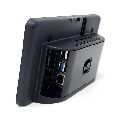 One Nine Design Raspberry Pi 4 touchscreen 7-inch case in black with rear Pi access ports. One Nine Design Raspberry Pi 4 touchscreen 7-inch case in black with rear Pi access ports.