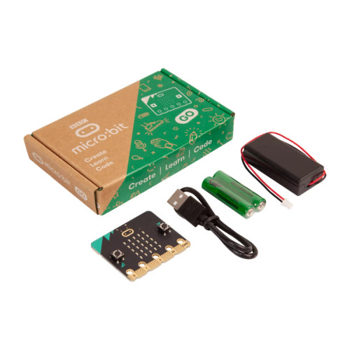 BBC micro:bit v2 Go bundle with board, USB cable, battery pack, and batteries BBC micro:bit v2 Go bundle with board, USB cable, battery pack, and batteries