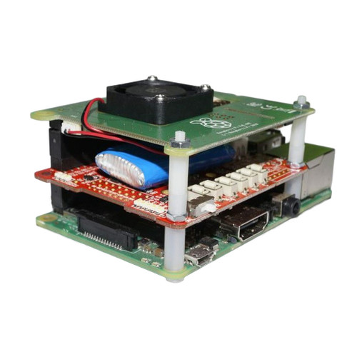 UPS PIco HV3.0B+ HAT with 450 mAh battery and cooling fan stacked on Raspberry Pi. UPS PIco HV3.0B+ HAT with 450 mAh battery and cooling fan stacked on Raspberry Pi.