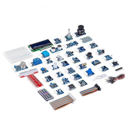Complete 37-in-1 Raspberry Pi sensor kit with modules, LCD display, remote control, breadboard, and jumper wires laid out. Complete 37-in-1 Raspberry Pi sensor kit with modules, LCD display, remote control, breadboard, and jumper wires laid out.