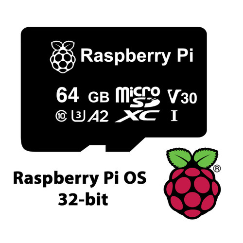 Official Raspberry Pi microSD Card with Raspberry Pi OS 32-bit, A2, V30, 64GB Capacity Official Raspberry Pi microSD Card with Raspberry Pi OS 32-bit, A2, V30, 64GB Capacity