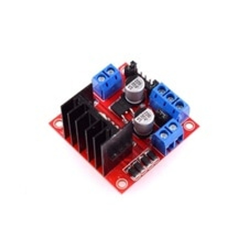 HW-095A L298 dual H-bridge motor driver module with heat sink and screw terminals.
HW-095A L298 dual H-bridge motor driver module with heat sink and screw terminals.