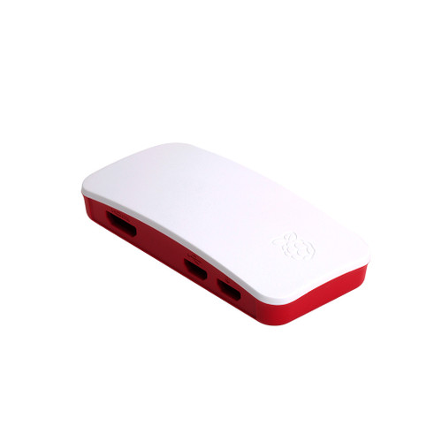White and red Official Raspberry Pi Zero case closed, showing side ports. White and red Official Raspberry Pi Zero case closed, showing side ports.
