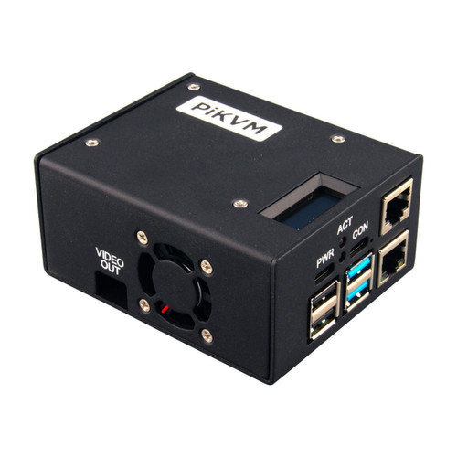 PiKVM V3 pre-assembled unit showing front USB, HDMI, Ethernet, and OLED display PiKVM V3 pre-assembled unit showing front USB, HDMI, Ethernet, and OLED display