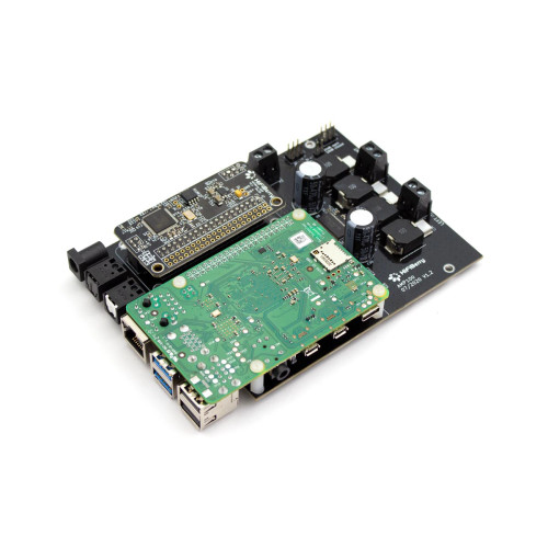 HiFiBerry AMP100 DAC/Amplifier mounted on Raspberry Pi board with 100W Class-D output. HiFiBerry AMP100 DAC/Amplifier mounted on Raspberry Pi board with 100W Class-D output.