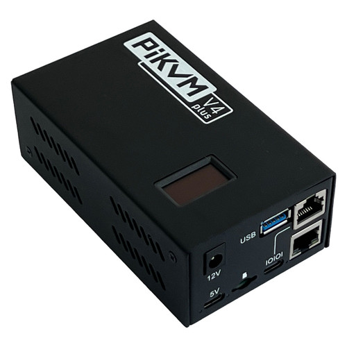 PiKVM V4 Plus front view with ports and steel enclosure PiKVM V4 Plus front view with ports and steel enclosure
