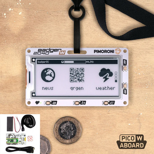 Pimoroni PIM639 Badger 2040 W kit with Pico W onboard and lanyard. Pimoroni PIM639 Badger 2040 W kit with Pico W onboard and lanyard.