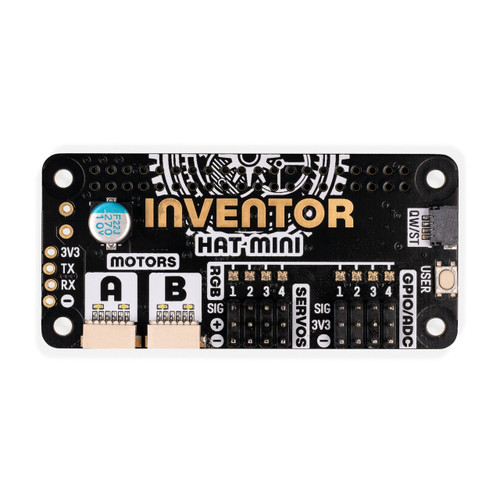 Pimoroni PIM672 - Inventor HAT Mini, front view with GPIO Pimoroni PIM672 - Inventor HAT Mini, front view with GPIO