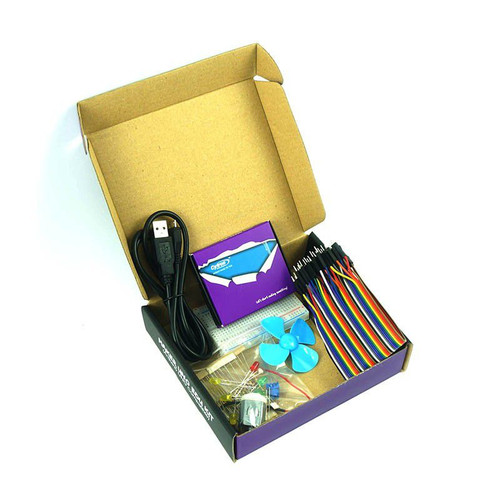 Open box showing Maker UNO Edu Kit with board, jumper wires, and accessories Open box showing Maker UNO Edu Kit with board, jumper wires, and accessories