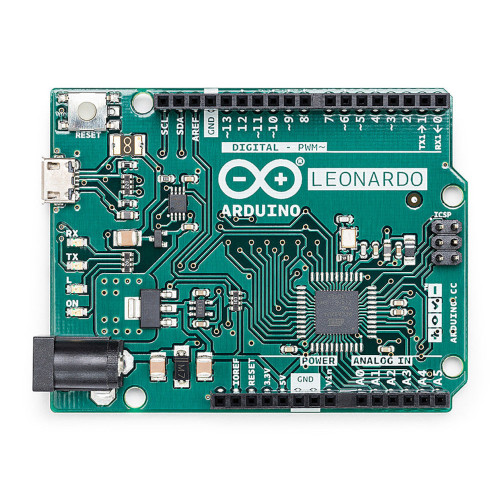 Front view of Arduino Leonardo board with headers, featuring ATmega32U4 microcontroller, micro USB port, and ICSP header. Front view of Arduino Leonardo board with headers, featuring ATmega32U4 microcontroller, micro USB port, and ICSP header.