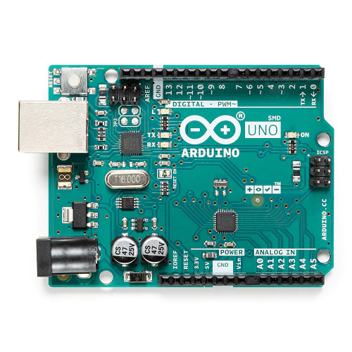 Arduino Uno SMD Rev3 top view showing ATmega328P microcontroller and USB port Arduino Uno SMD Rev3 top view showing ATmega328P microcontroller and USB port