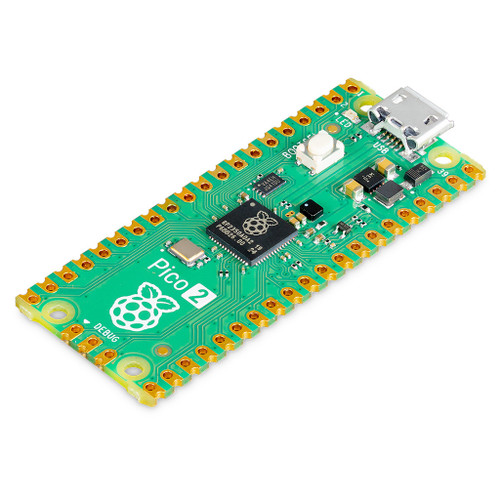 Raspberry Pi Pico 2 SC1631 microcontroller board angled view with GPIO pins Raspberry Pi Pico 2 SC1631 microcontroller board angled view with GPIO pins