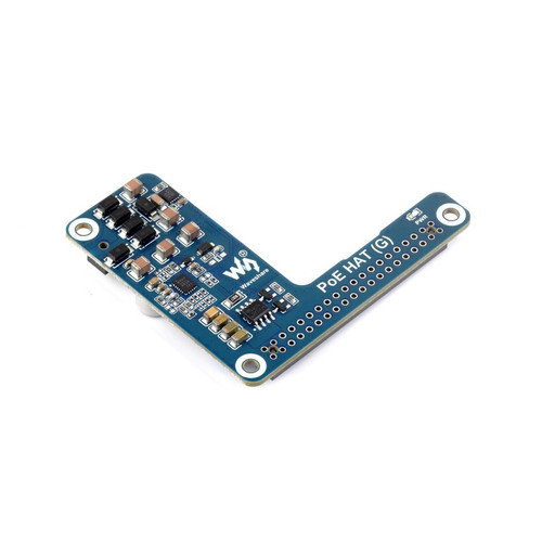 Waveshare Power Over Ethernet HAT (G) angled view showing GPIO header and components. Waveshare Power Over Ethernet HAT (G) angled view showing GPIO header and components.