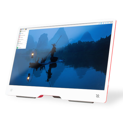 Raspberry Pi Monitor SC0940 red-white 15.6-inch IPS display showing desktop Raspberry Pi Monitor SC0940 red-white 15.6-inch IPS display showing desktop