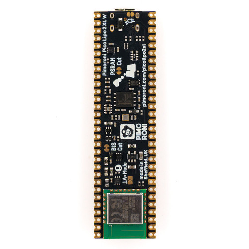 Rear side of Pimoroni Pico LiPo 2 XL W board showing WiFi module and components. Rear side of Pimoroni Pico LiPo 2 XL W board showing WiFi module and components.