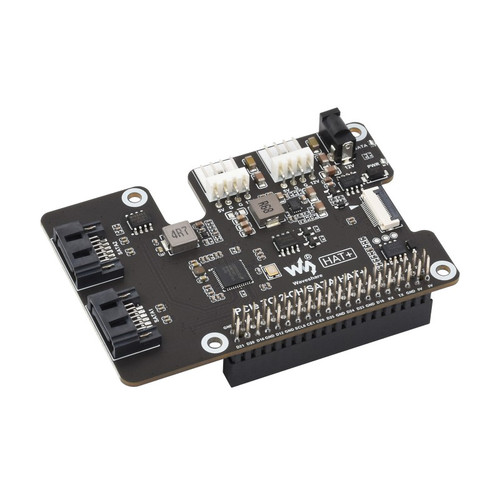 Waveshare PCIe TO 2-CH SATA HAT+ with dual SATA 3.0 ports and status LEDs. Waveshare PCIe TO 2-CH SATA HAT+ with dual SATA 3.0 ports and status LEDs.
