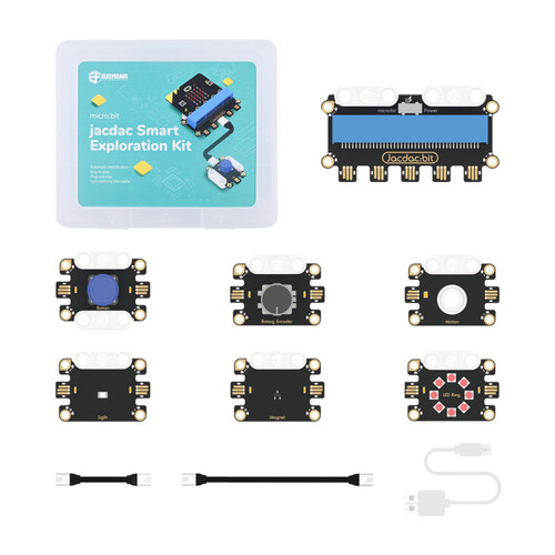 Contents of the ELECFREAKS Jacdac Smart Exploration Kit, including expansion board, sensors, LED ring, and cables. Contents of the ELECFREAKS Jacdac Smart Exploration Kit, including expansion board, sensors, LED ring, and cables.