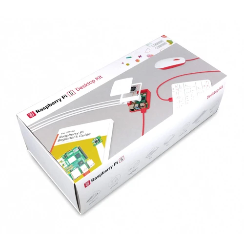 Raspberry Pi 5 Desktop Kit (US) with official case, 27W USB-C power supply, Raspberry Pi OS microSD card, HDMI cable, keyboard, and mouse