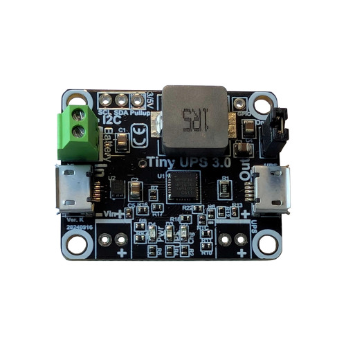 Tiny-UPS 3.0 top view – compact uninterruptible power supply board with micro-USB and battery connector. Tiny-UPS 3.0 top view – compact uninterruptible power supply board with micro-USB and battery connector.