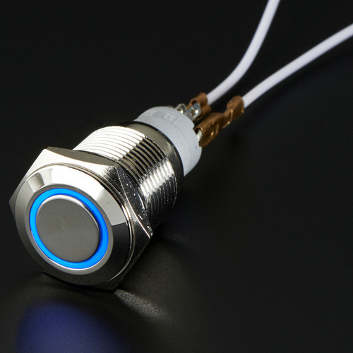 Rugged Metal On/Off Switch with Blue LED Ring 16mm chrome-plated push button for enclosures. Rugged Metal On/Off Switch with Blue LED Ring 16mm chrome-plated push button for enclosures.