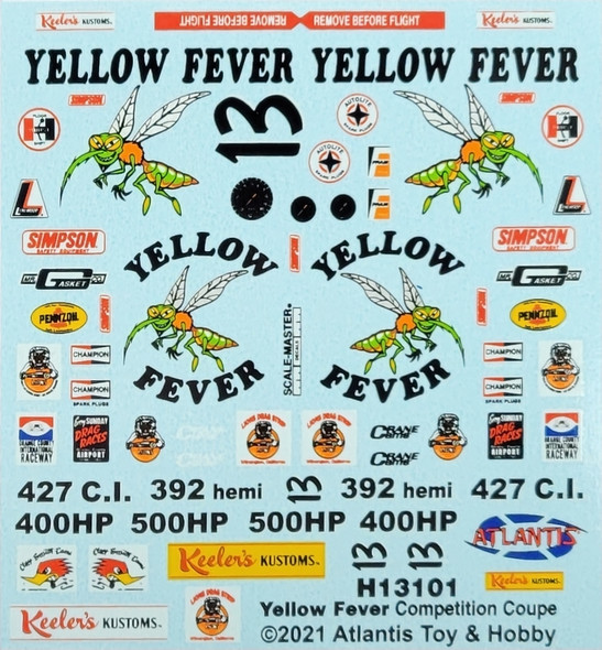 DECALS --Yellow Fever Competition Coupe Decal Sheet 1/25 scale ONLY for 13101