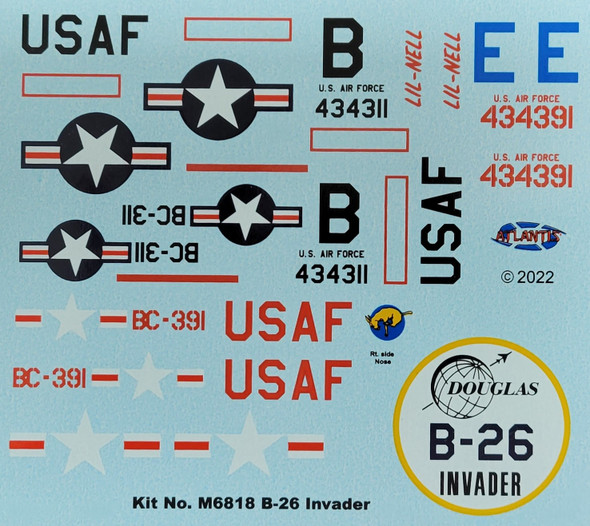 DECALS --B-26 Invader Medium Bomber USAF 1/67 scale ONLY for M6818