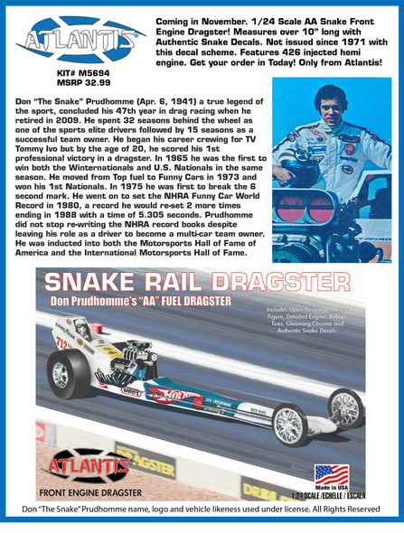 “Don The Snake Prudhomme AA Fuel Front Engine Dragster 1:24 Atlantis Models plastic model kit”