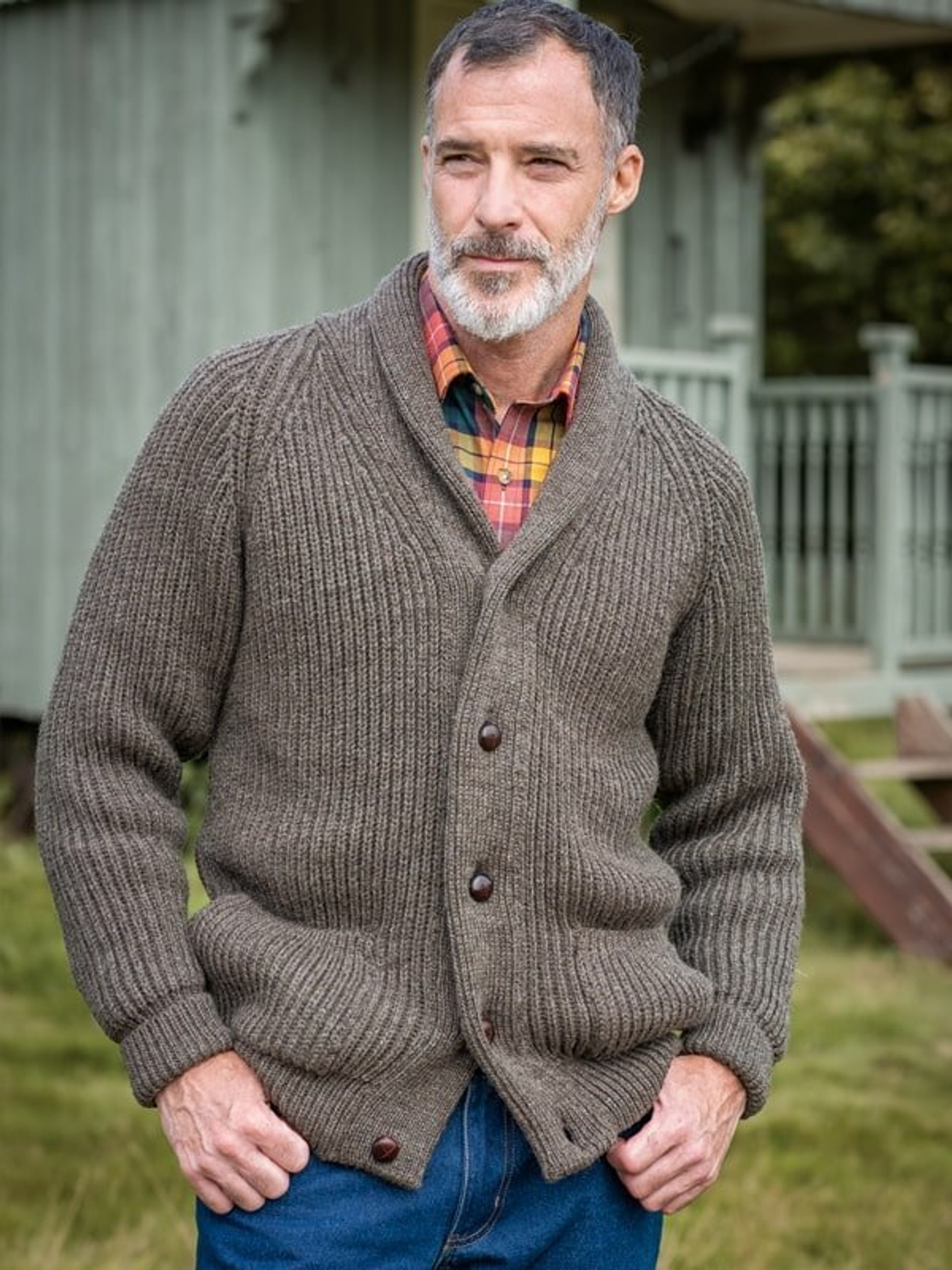 Men's Brown Shawl Neck Wool Cardigan | Peter Christian