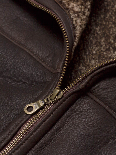 Men's Shearling Leather Gilet Metal Zip Close Up