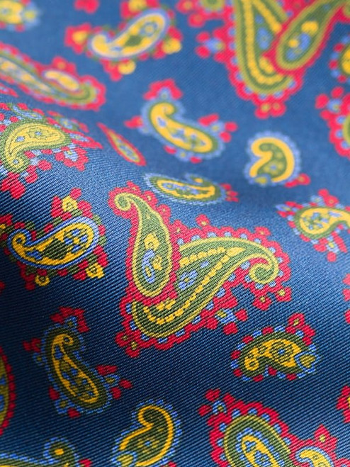 Navy Blue Skinny Silk Scarf Paisley Pattern close up