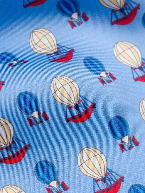 Blue Hot Air Balloon Pattern Silk Cravat Close Up