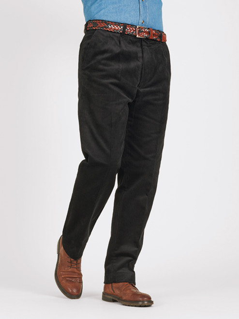 Tyson Pin Corduroy High Easy Waist Pleated Trouser With Sheered Back And  Cuff In Black