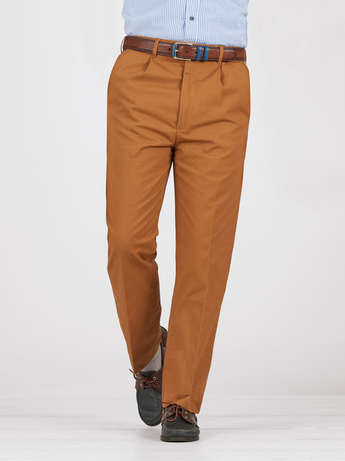 Tan Brown Pleated Chino Trousers | Peter Christian