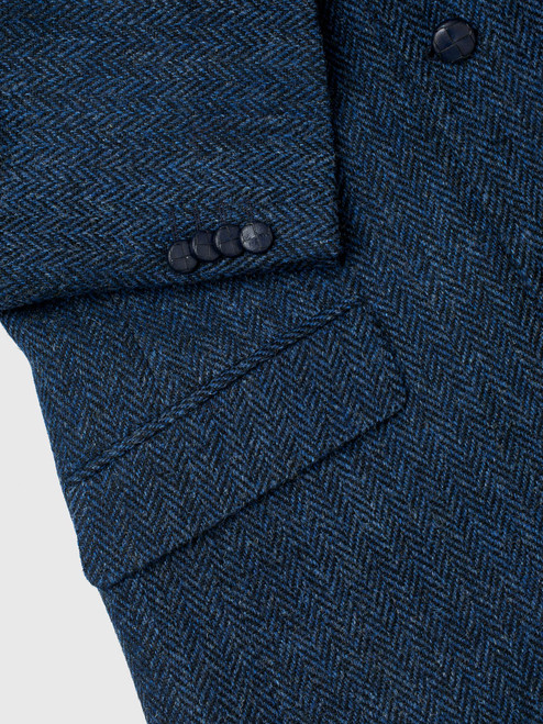 Men's Blue Herringbone Harris Tweed Jacket Pocket and Cuff