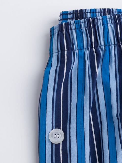 Close Up of Navy & Blue Club Striped Cotton Mens Pyjamas Details