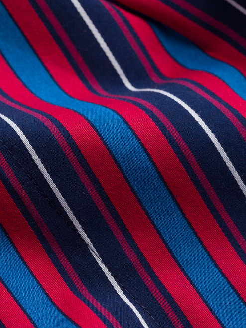 Close Up of Navy & Red Club Stripe Mens Dressing Gown fabric