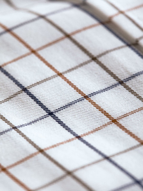 Men's Gold and White Button Down Collar Check Tattersall Shirt close up