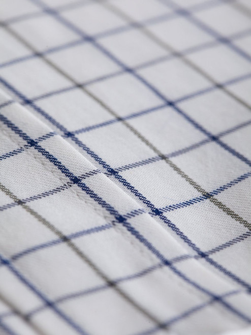 Men's Blue and White Button Down Collar Check Tattersall Shirt Close Up
