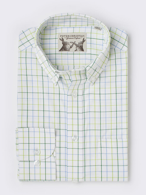 Men's Green and White Button Down Collar Check Tattersall Shirt