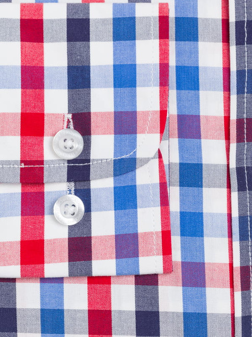Men's Button Down Collar Red/Navy Cotton Check Long Sleeve Shirt Cuff