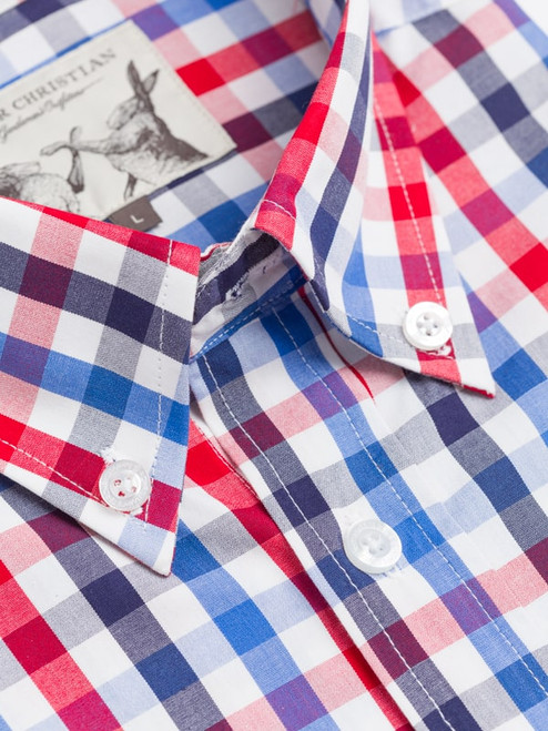navy blue and red check shirt